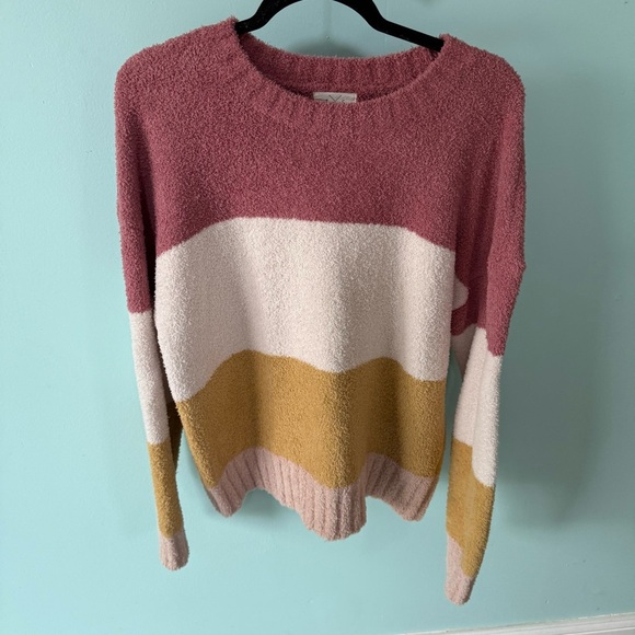 T S Soft Cozy Striped Colorblock Sweater Size Large - Picture 1 of 9